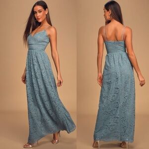 Lulus Small Made For Each Other Slate Blue Lace Maxi Dress Sleeveless